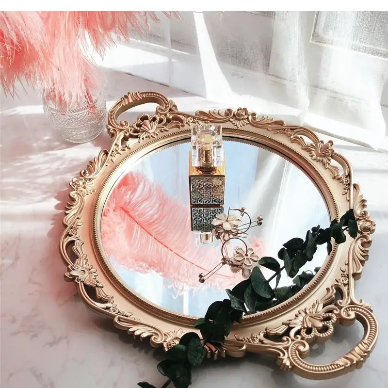 Retro Carved European-style Round Mirror Tray Tea Photography Ornaments Jewelry Decoration Storage Display