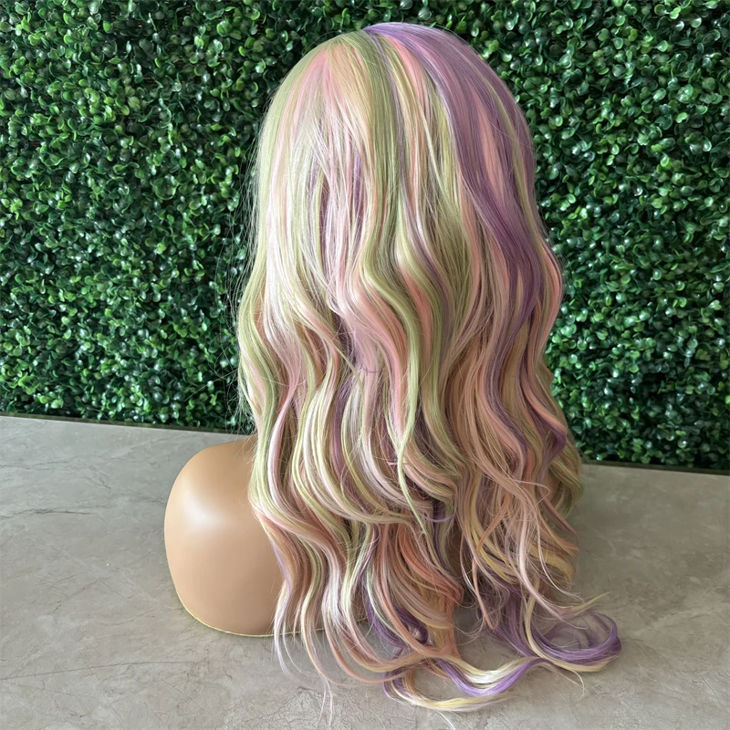 Rainbow Color Glueless 13x4 Synthetic Lace Front Preplucked Drag Queen Cosplay Lace Frontal Wigs With Baby Hair Natural Hairline