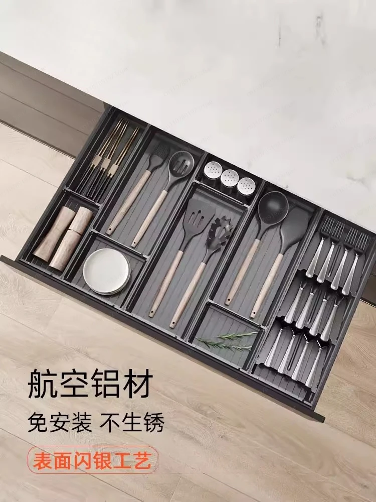 Kitchen Drawer Separate Storage Cabinets Tableware Grid Built-in Household Cabinet Space Aluminum Chopsticks Knife and Fork Box