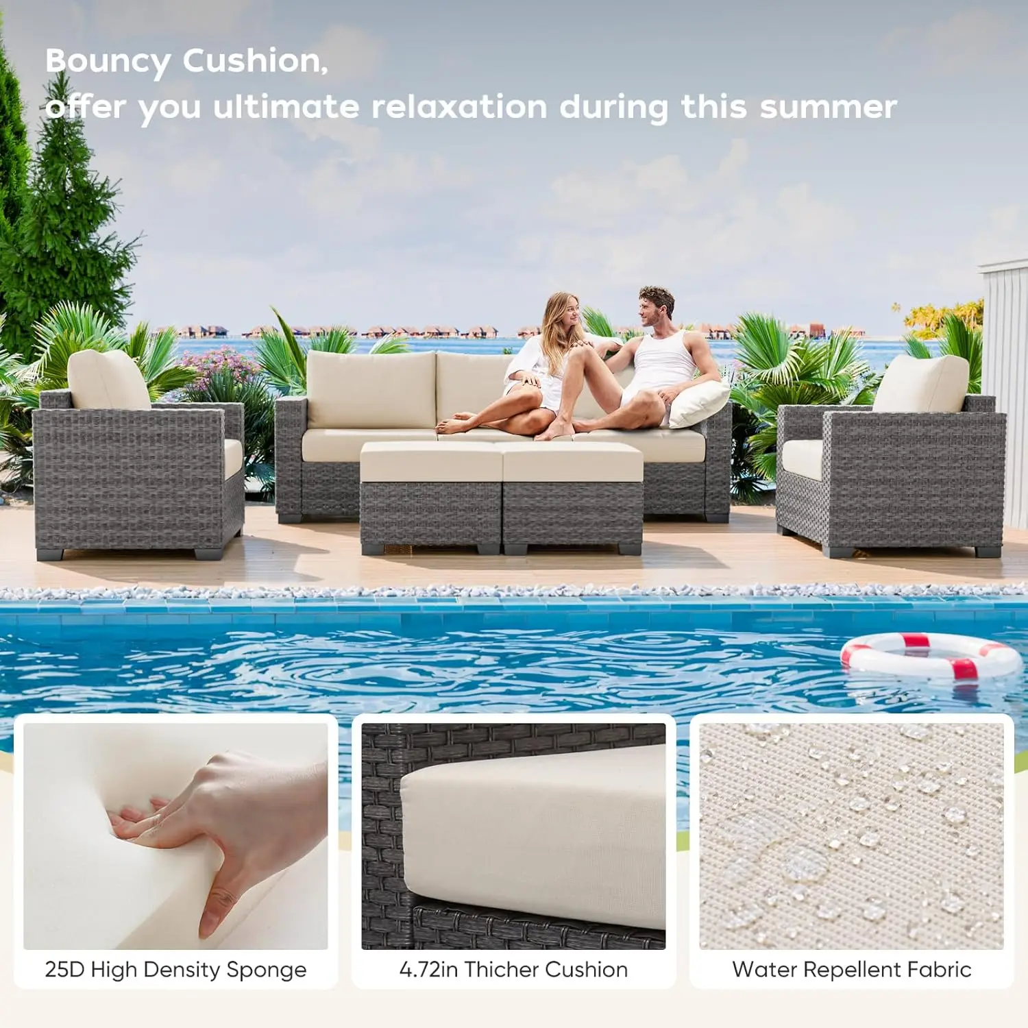 Heavy Duty 6pcs Comfortable Wicker Rattan Outdoor Furniture Set w/ Soft Cushion & Storage Table, Patio Conversation Set,Beige