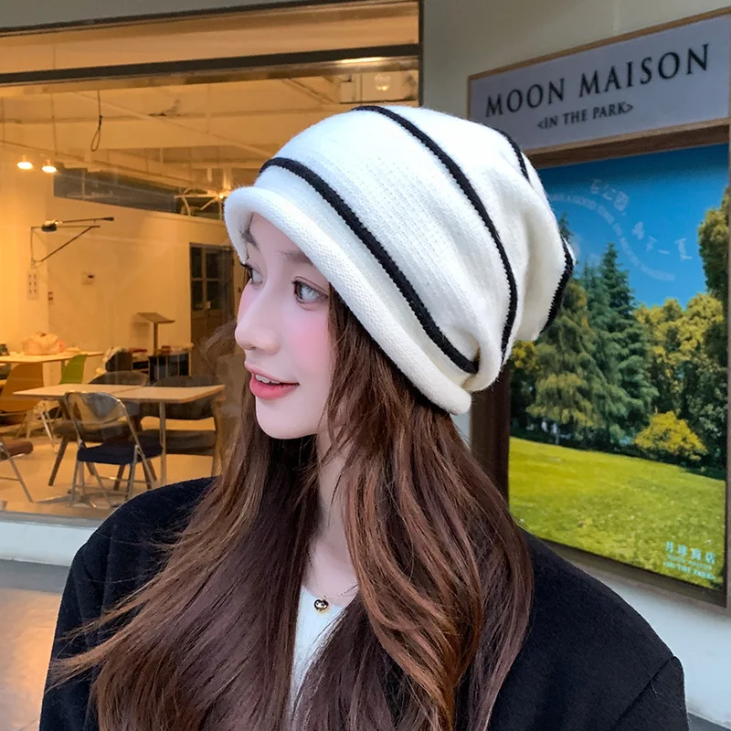 New Autumn And Winter Striped Pile Cap Warm Woolen Hat Versatile Ear Protection Knitted Cycling And Cold Proof Pullover Hat