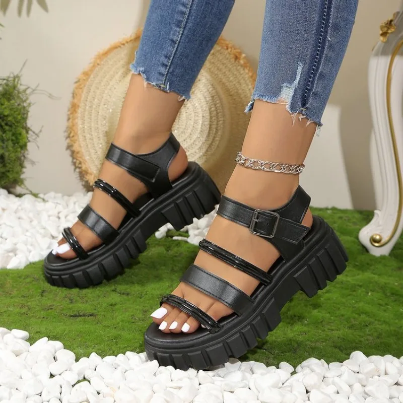 Women\'s platform sandals summer new round head thin band open toe increase casual flat beach shoes