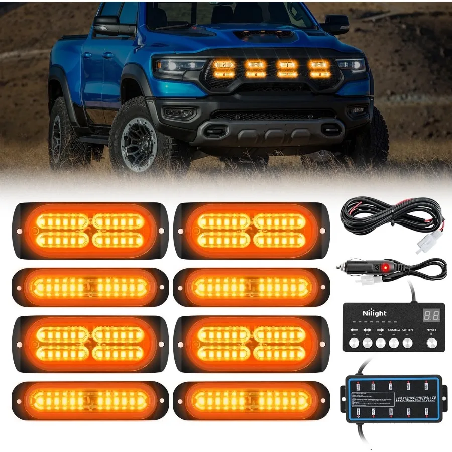 

8PCS LED Strobe Lights with Controller for Vehicle Safety: 12V 24V Dual Voltage Synchronized Amber Warning Lights Surface Mount