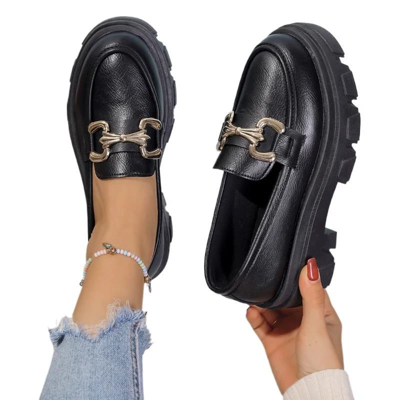 

Casual Flats Metal Chain Thick Bottom Loafers Mujer Spring Platform Pu Leather Round Shoes Women Vintage Plus Size Pumps Woman