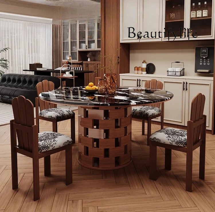 

French antique black marble round dining table solid wood retro luxury stone round dining table and chairs household