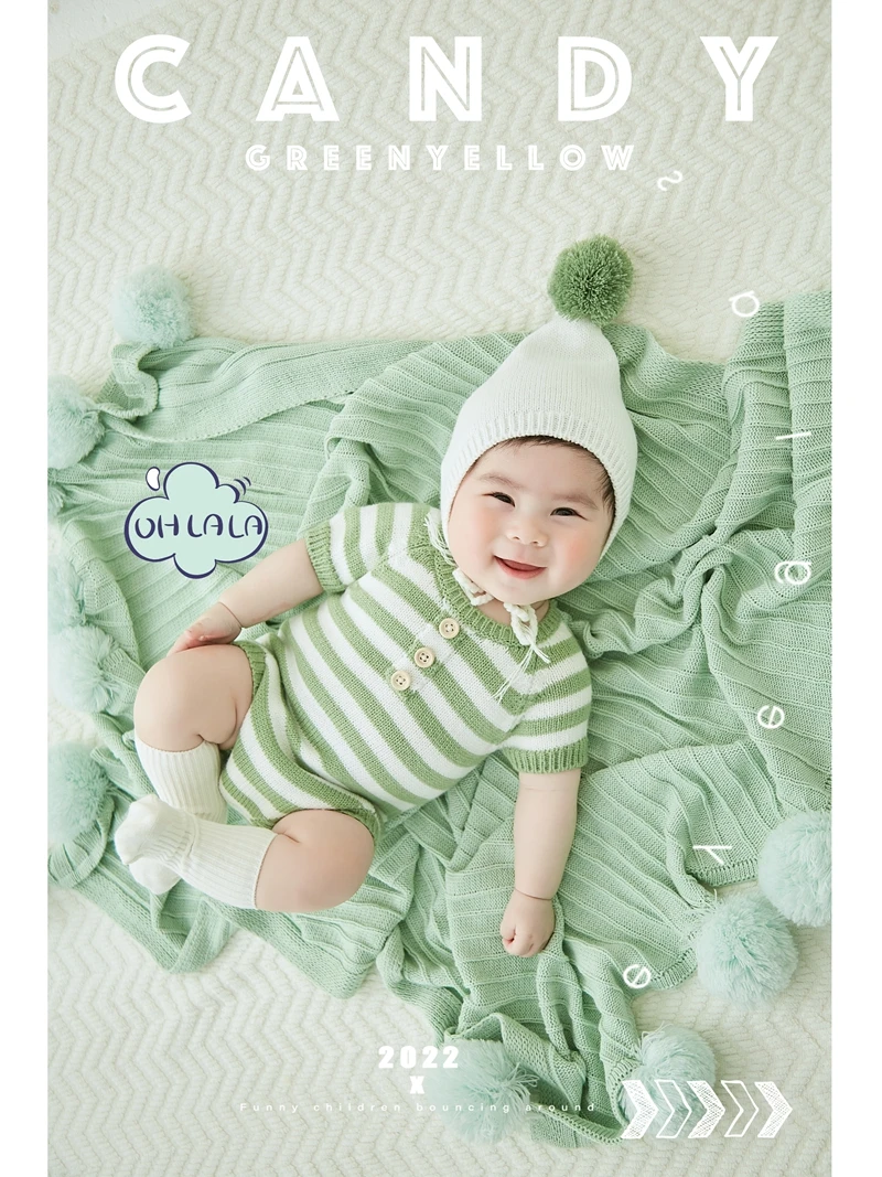 Bai Tian Ha Yi Xiao Fresh Green Stripe Theme Baby Set Knitted Three Piece Set Bai Rizhao roupa bebe  신생아사진  신생아촬영