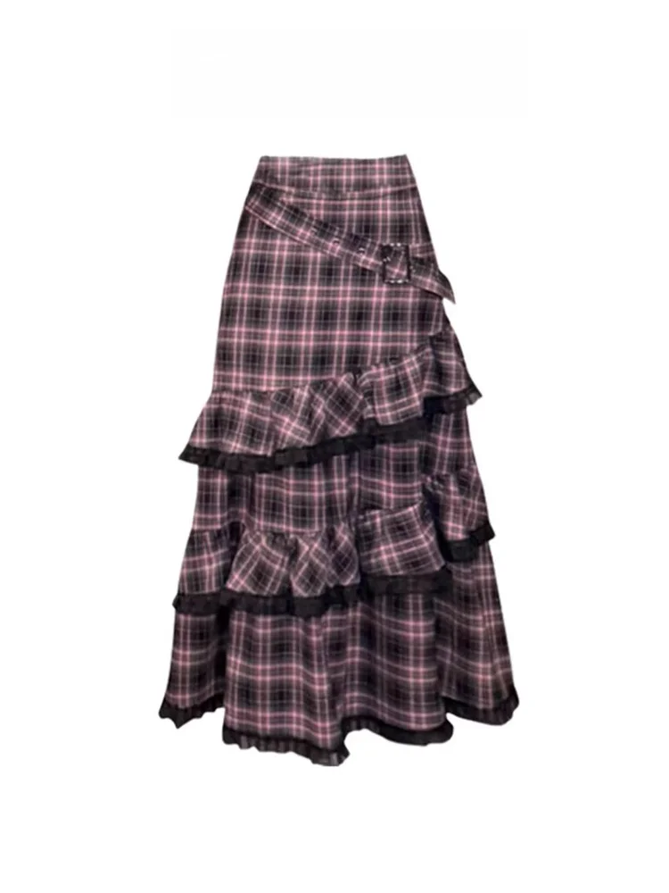 High Waist Cake Skirt Half Body Black And Pink Checkered Women's Autumn Winter A-Line Umbrella Skirt Irregular Lace Long Skirt