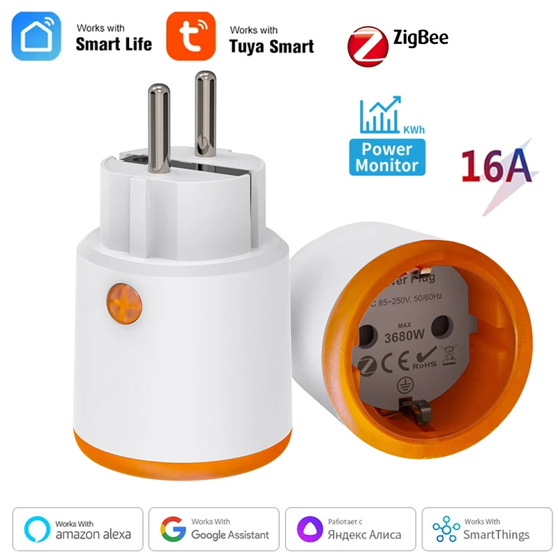 Tuya Smart Zigbee EU Plug Socket 3680W 16A Power Energy Monitoring Timer Switch Outlet Voice Control With Alexa Google Home