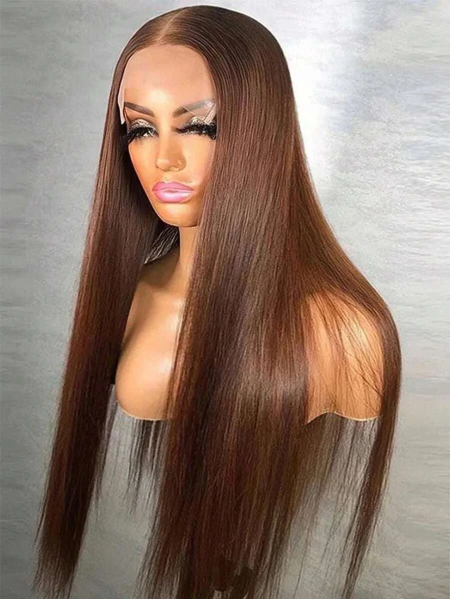 34 Inch Chocolate Brown 13x4 HD Bone Straight Lace Front Wigs Human Hair 13x4 Transparent Lace Frontal Wig 4# For Women