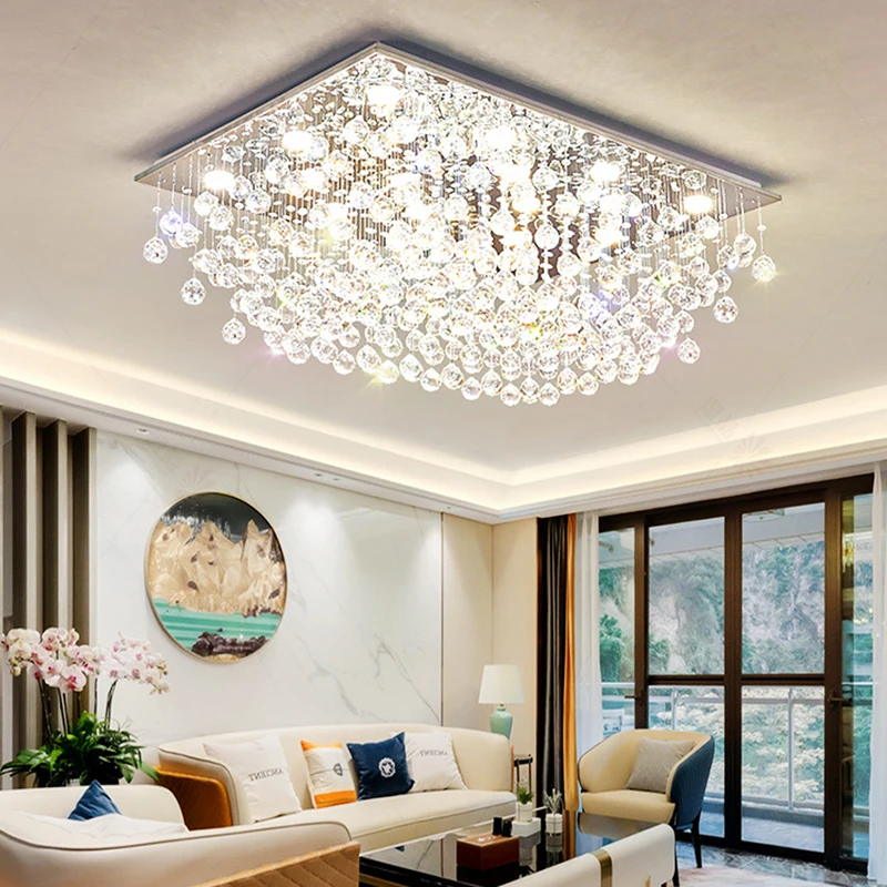 Square Crystal Ceiling Chandelier, Flush Mount Glamorous Lighting Fixture for Living Room Bedroom,Home Decor Crystal Light