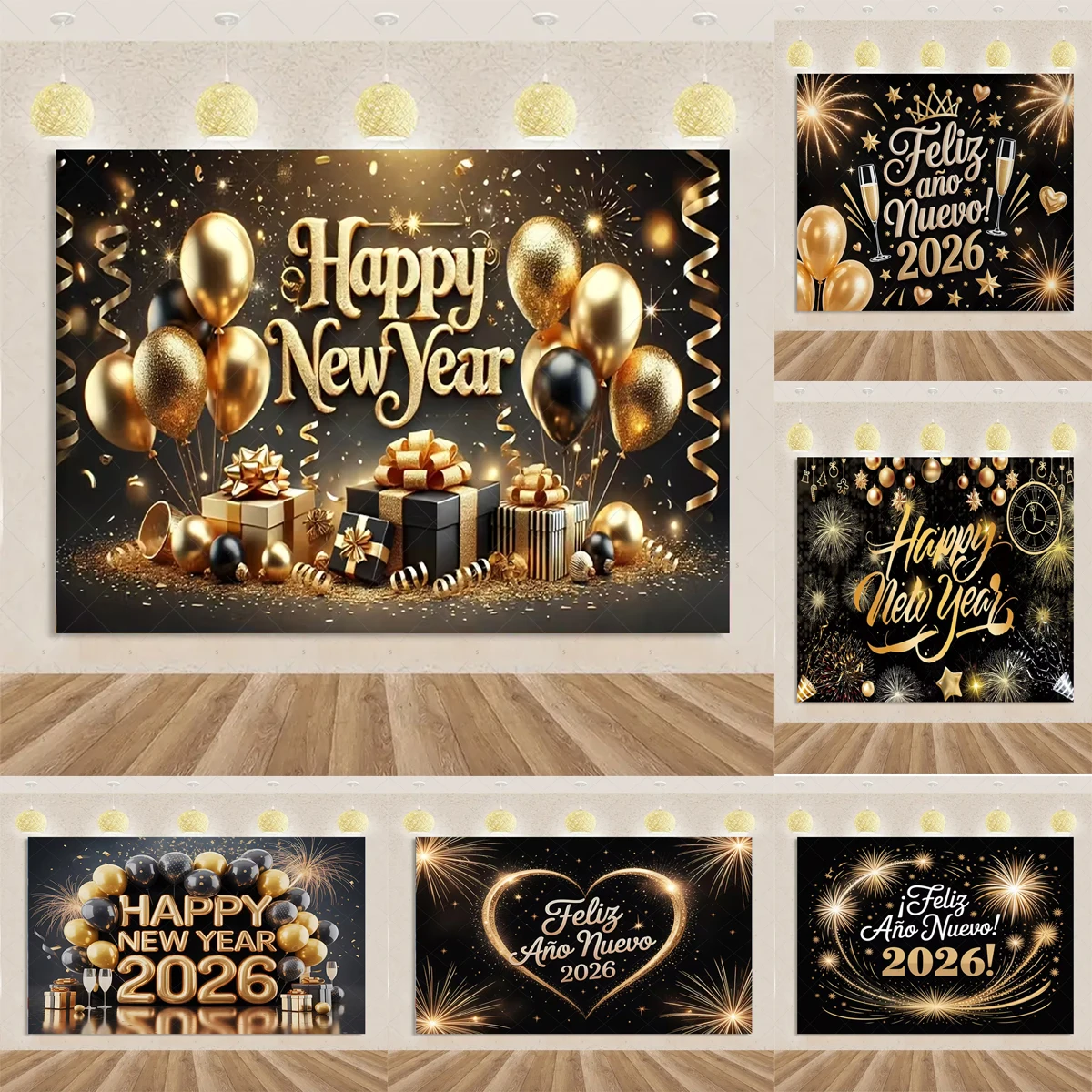 

2026 New Year Black Gold Theme Partys Decoration Background Happy New Year Celebrate Family Party Surprise Photo Shoot Props