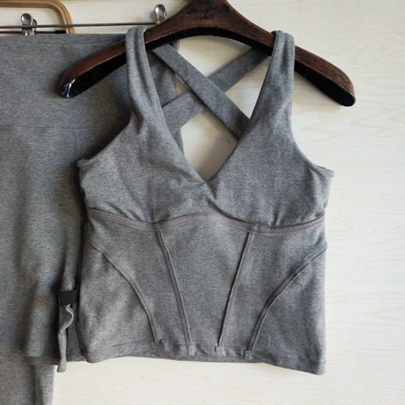 Pure Cotton Sports Yoga Vest with Chest Pad High Waist orts Pants High Elastic Slimming Clothing for Women Sport Sle