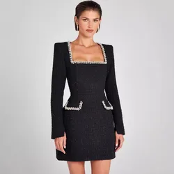 Elegant Women Luxury Formal White Black Square Neck Mini Dress Fashion Long Sleeve Evening Ladies Street Party Vestidos Autumn