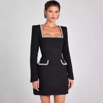 נשים אלגנטיות יוקרה לבן לבן שחור לבן מרובע שמלת מיני אופנה שרוול ארוך ערב גברות מסיבת רחוב