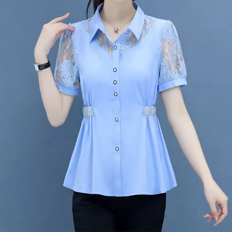 Women Summer Simplicity Slim Hollow Out Solid Color Polo-Neck Short Sleeve Shirts Women Clothes Casual All-match Lace Trend Tops