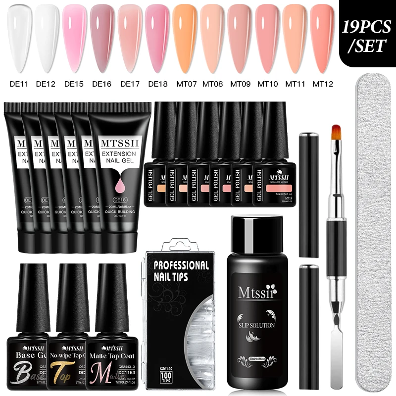 19pcs Quick Extension Gel Nail Polish Set 20ml Clear Pink Quick Building Nail Art Varnish Base Top Coat Manicure Nail Tool Kits
