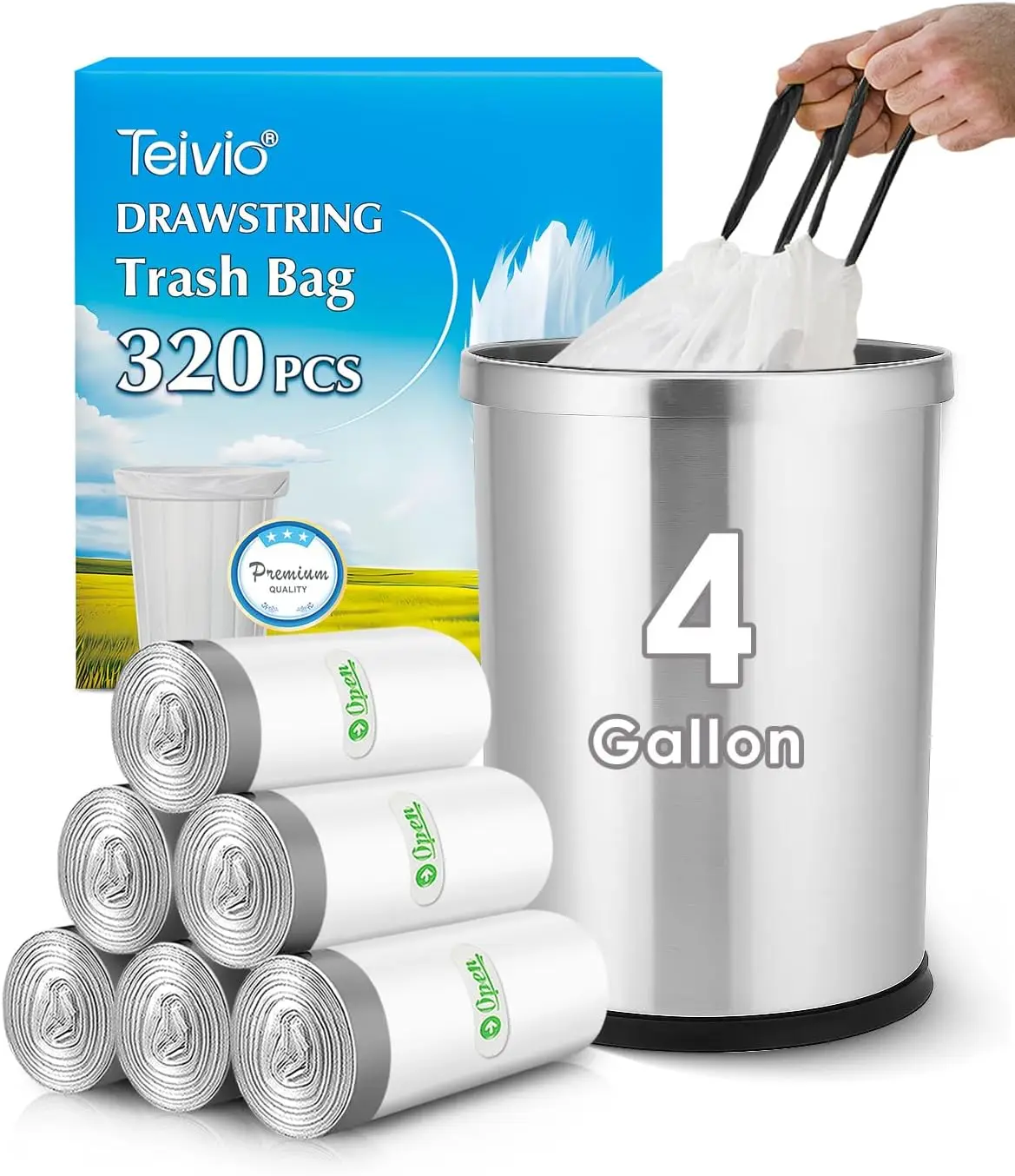 

4 Gallon 320 Counts Strong Drawstring Trash Bags, White Garbage Bags for Home Kitchen Office