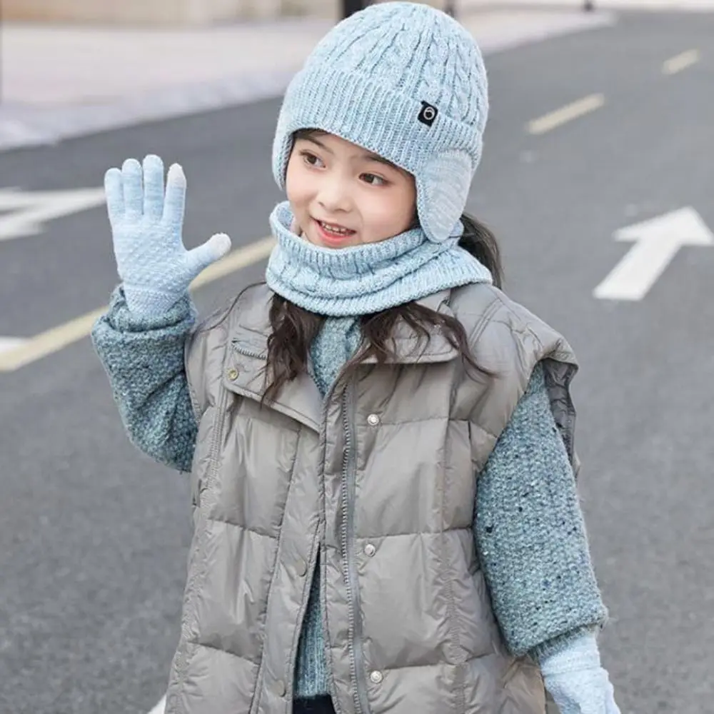 3Pcs/Set Soft Solid Color Hat Scarf Gloves Set Earflap Coldproof Winter Pullover Hat Thickened Warm Ear Protection Caps Children