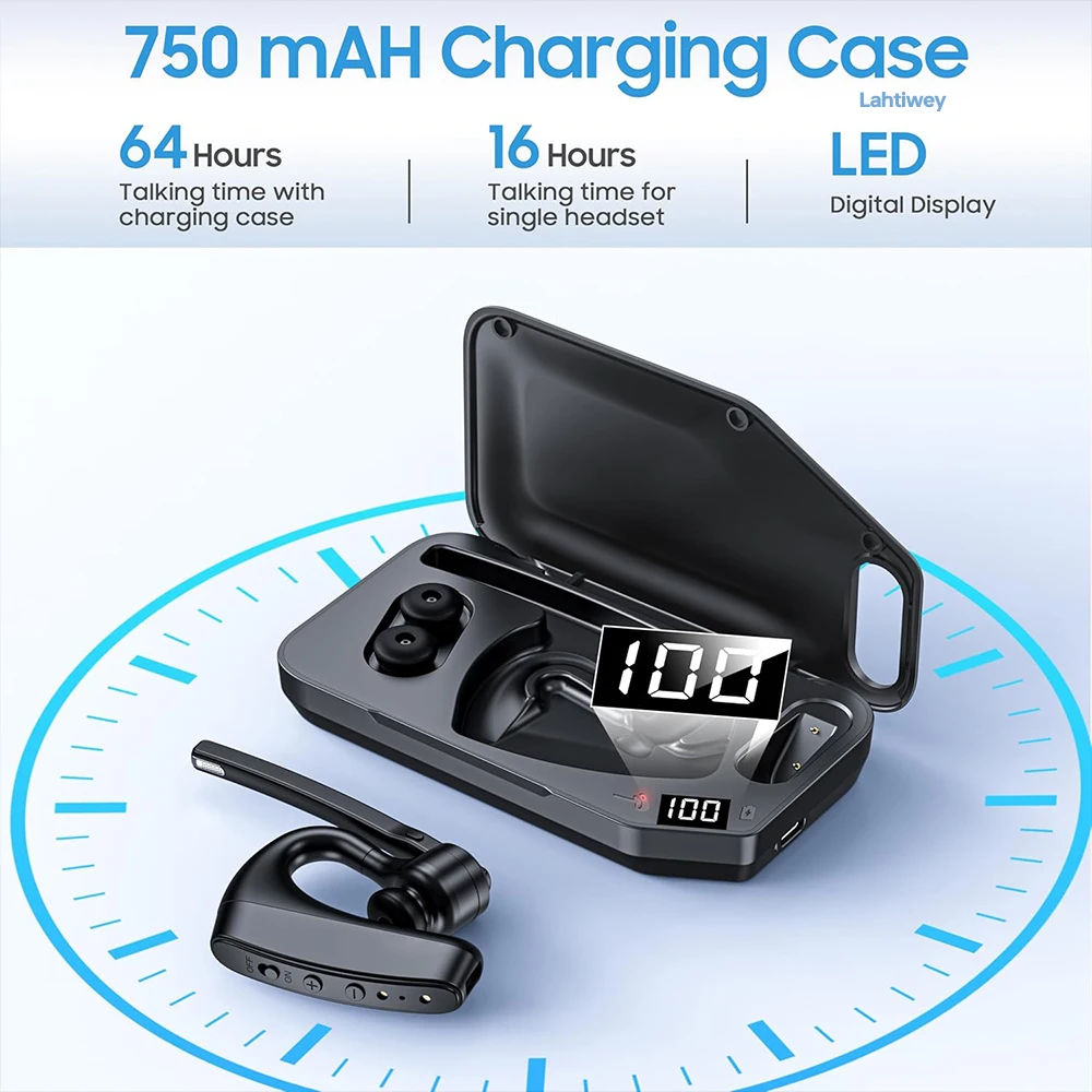 Bluetooth Headset, Wireless Earpiece with Charging Case, Bluetooth Headphones with Dual-Mic Noise Cancelling for Trucker Office
