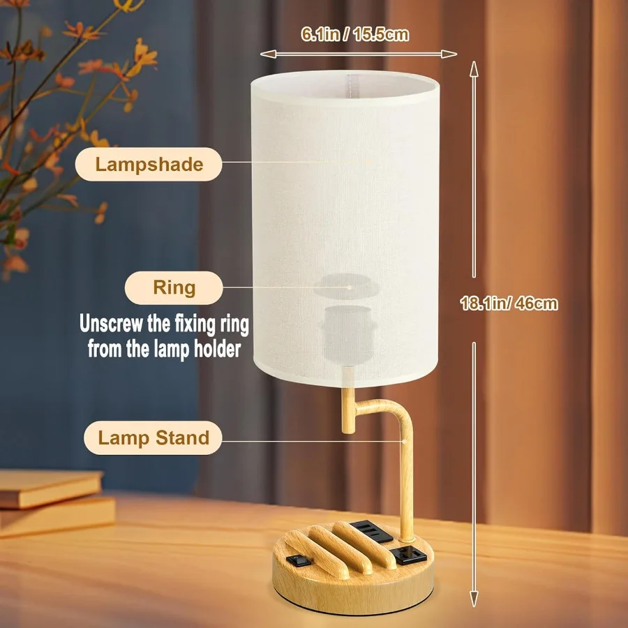 Table Lamp with 3 USB Charging Ports Modern Desk Lamp with AC Outlet and Phone Stands Perfect Bedside Lamp for Bedroom Living R