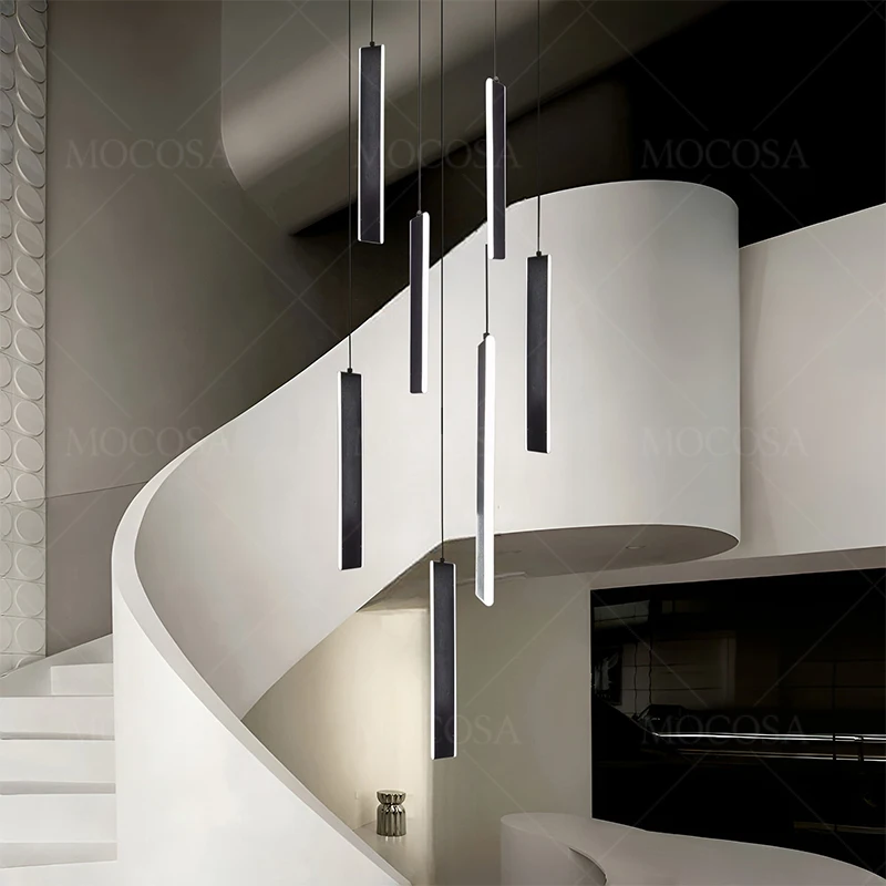 Living Room Modern Stairwell Pendant Lamps Golden Strip Hanging Lights High-rise Villa Stair