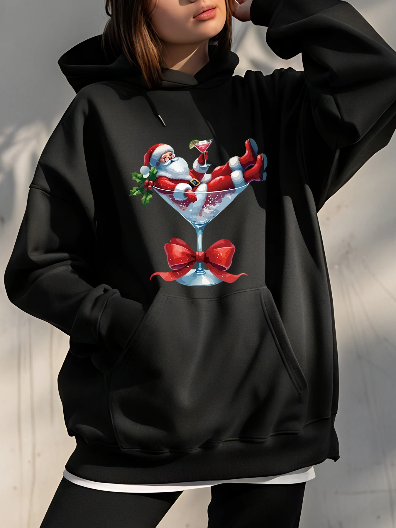 Felpa con cappuccio natalizia Babbo Natale in Martini in vetro Felpa stampata Abbigliamento invernale casual Completo da vacanza alla moda da donna