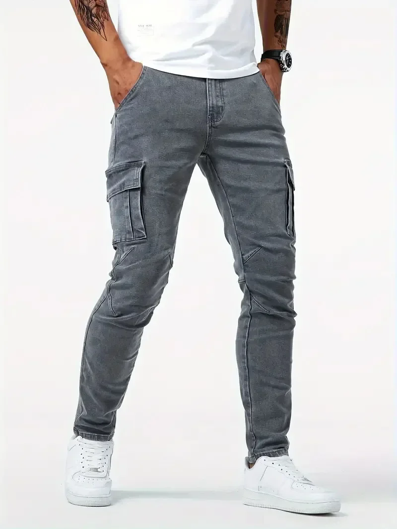 Street Elastic Jeans Men Denim Cargo Pants Wash Solid Color Multi Pockets Casual Mid Waist Trousers Slim Fit Daily Wear Joggers