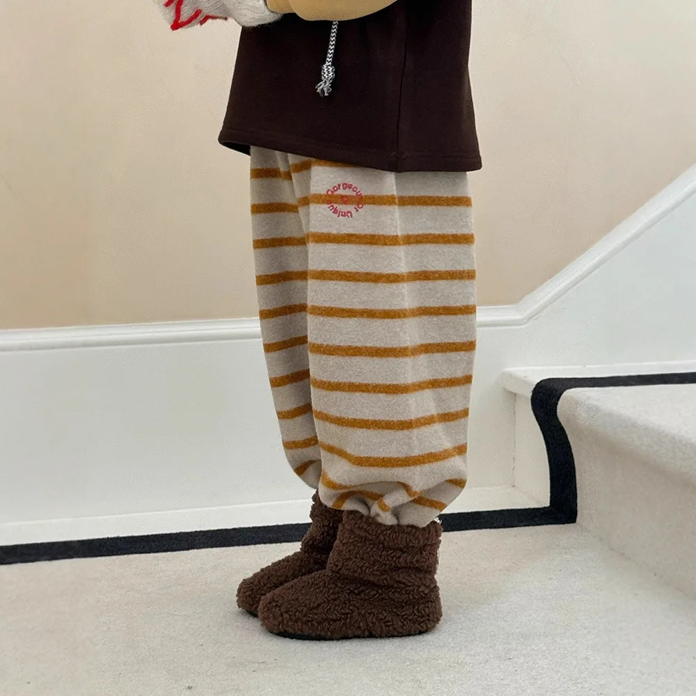 

Children Striped Plush Pants 2025 Spring Autumn New Children Clothing Boys and Girls Fashion Casual Long Pants