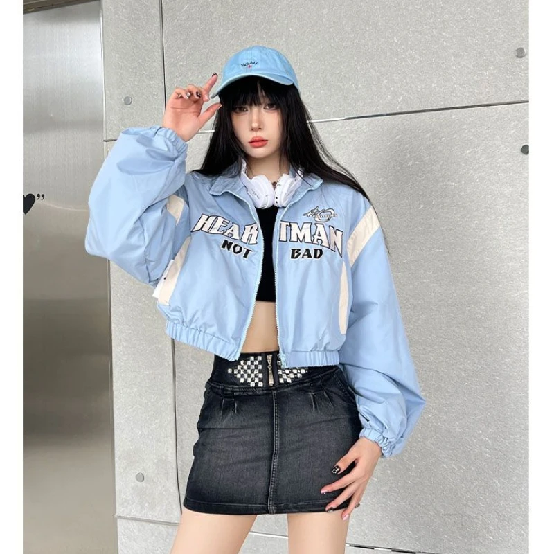 Deeptown Cropped Racing Jacket Women Windbreakers Korean Fashion Motorcycle Y2k Streetwear Short Bomber Jackets Vintage Harajuku