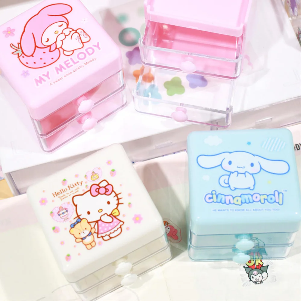 Sanrio Mini Desk Organizer Cartoon Hello Kitty Cinnamoroll Melody Double Layer Jewelry Stickers Storage Box Girls Gifts