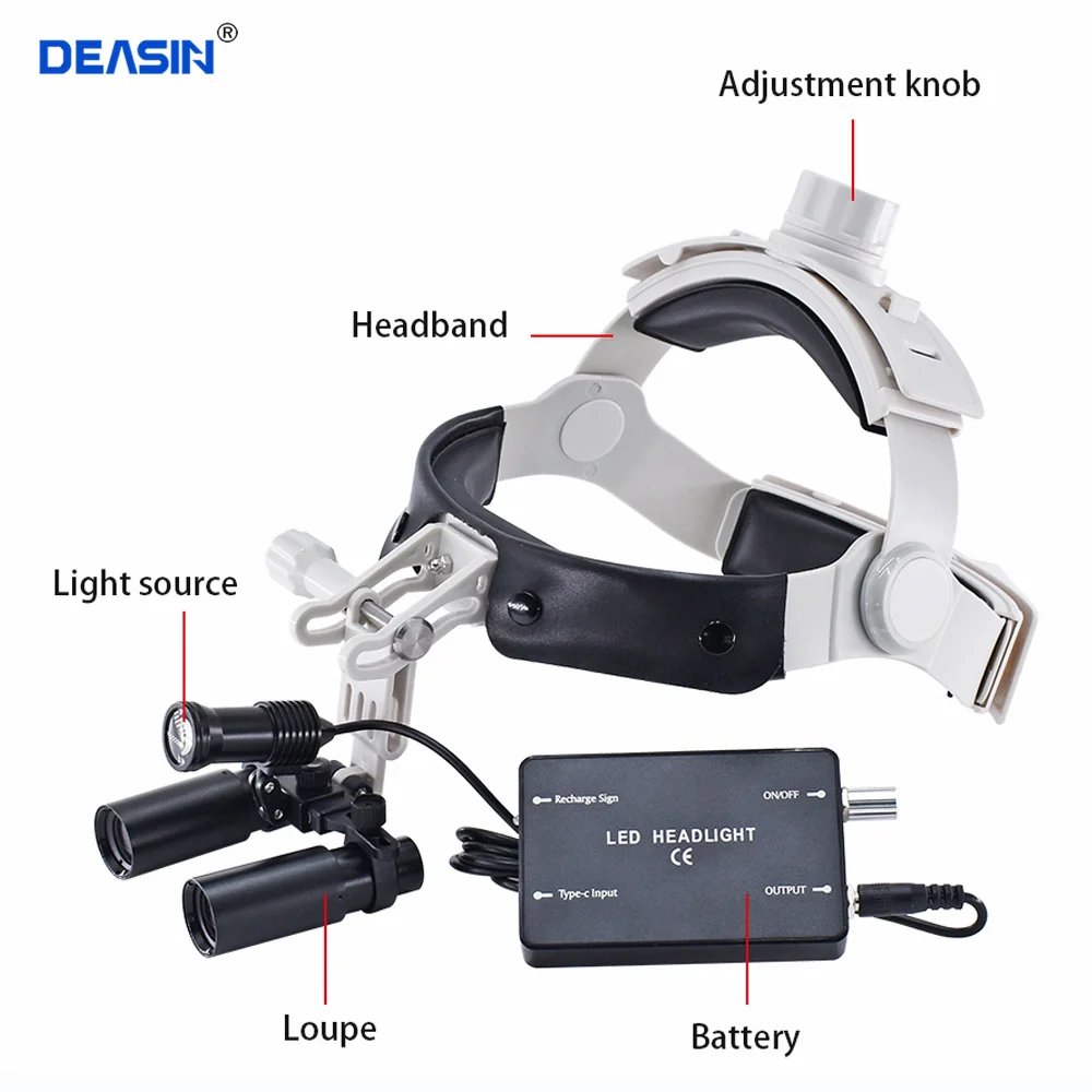 DEASIN 5X / 6X Dental Magnifier Binocular Kepler Loupes Headband Adjustable with LED Headlight 5W Dentist Surgical Headlamp Tool