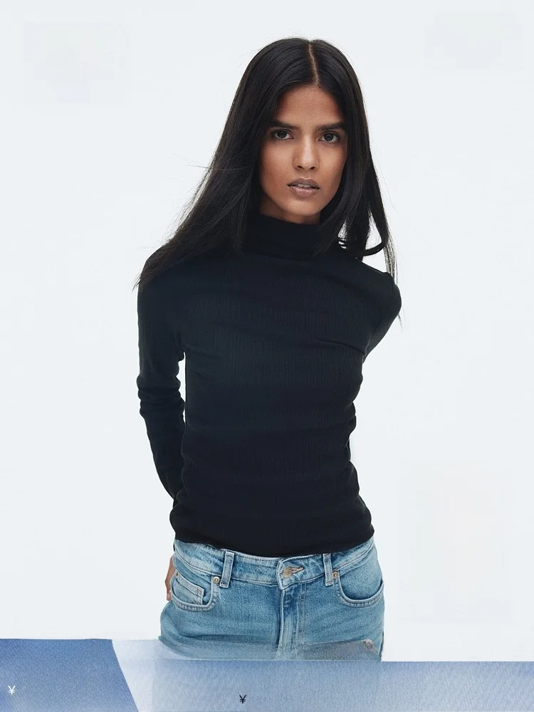 

H&M Женская футболка Long Sve с высоким воротником, зимняя футболка Bell Bot Base irt, повседневная одежда из смеси хлопка и полиэстера, домашняя повседневная одежда