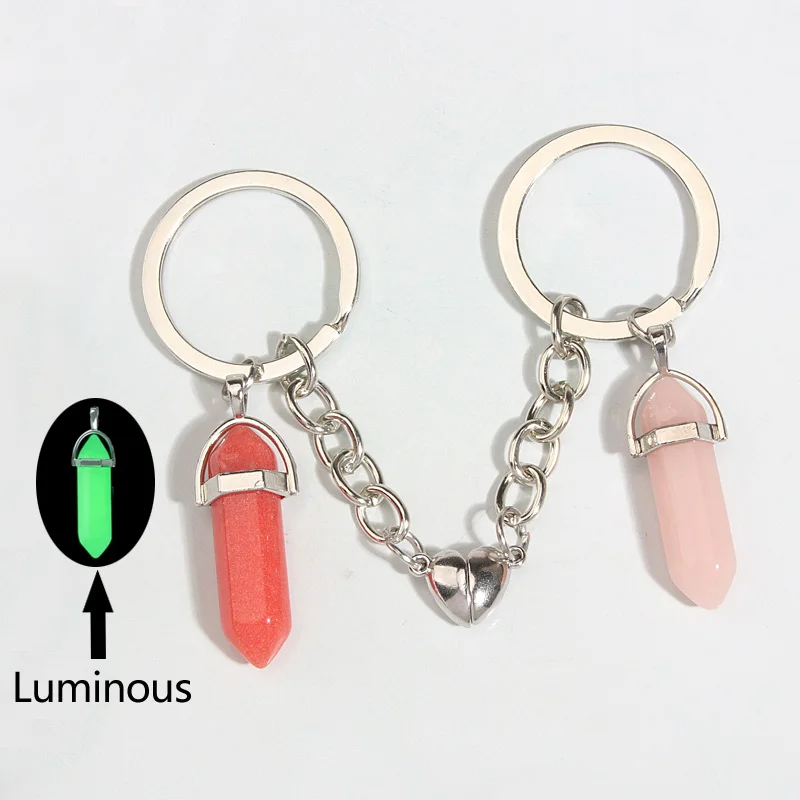 New Keychain Crystal Quartz Stone Key Ring Heart Magnetic Button Key Chains For Couple Friend Gifts DIY Handmade Jewelry
