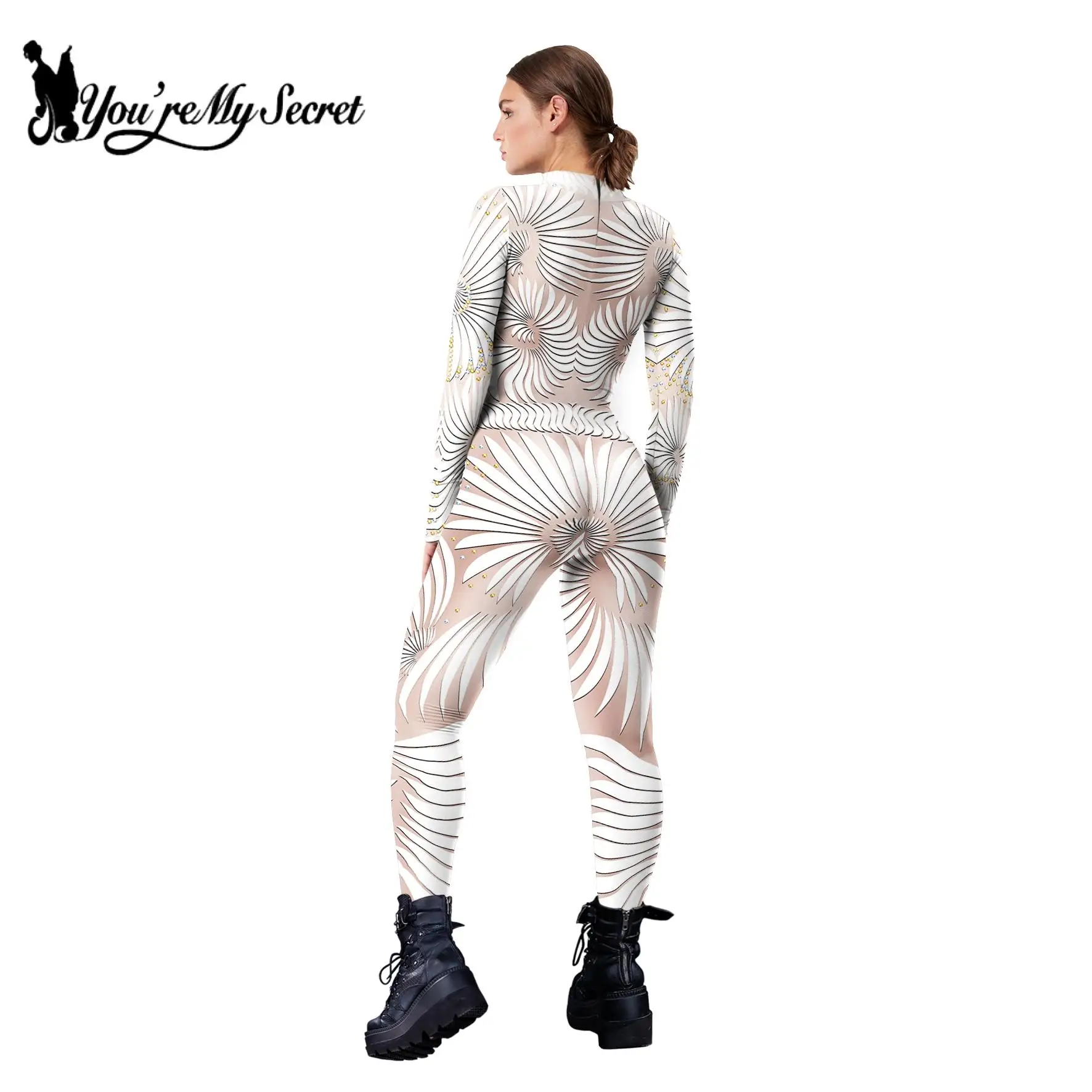 [You're My Secret]Women Jumpsuit Sequin Lace Pattern Printed Bodysuit Shiny Sexy Jumpsuit Adult Carnival Party Nightclub Outfits