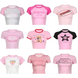 90s Print T-shirts Fashion Casual O Neck Short Sleeve Crop Tops Y2K Summer Sexy E-girl Baby Tee Women Pink Clothing Harajuku