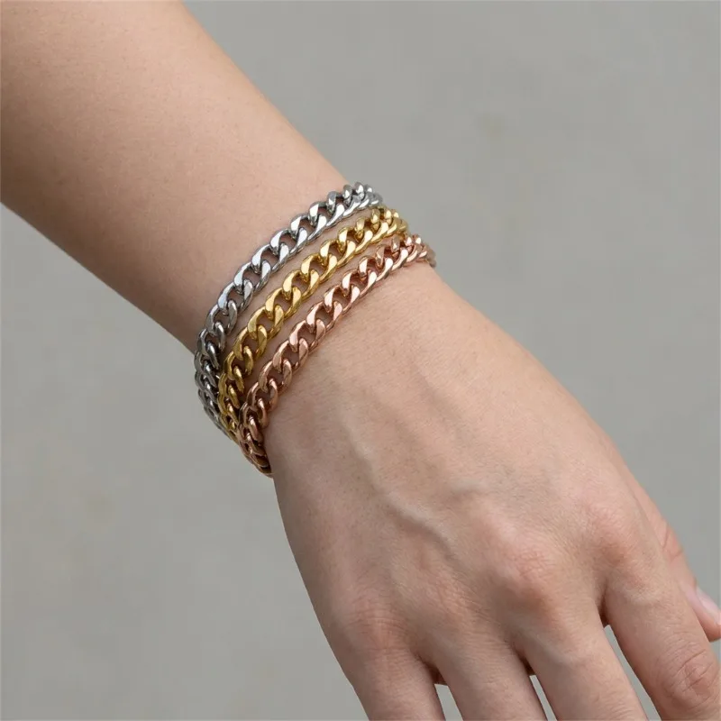 Trendy Tri Color Cuban Bracelet for Ladies, Stainless Steel Chunky Curb Chain, Waterproof Daily Statement Jewelry