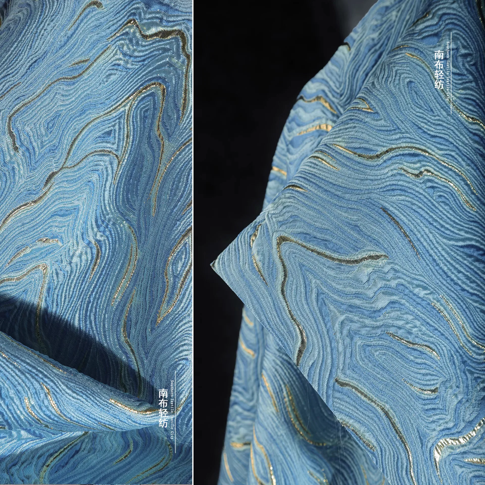 1yard Blue Ocean Golden Thread Micro Light fabric Dress cheongsam clothing designer Fabrics for patchwork
