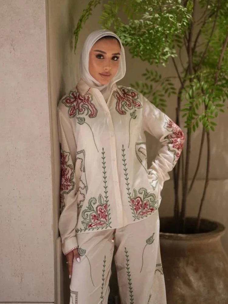 

Embroidery Floral Full Sleeve Shirt Pants Suits Women Vintage Lapel Single Breasted Shirts Straight Trousers Chic Ladies Outfit