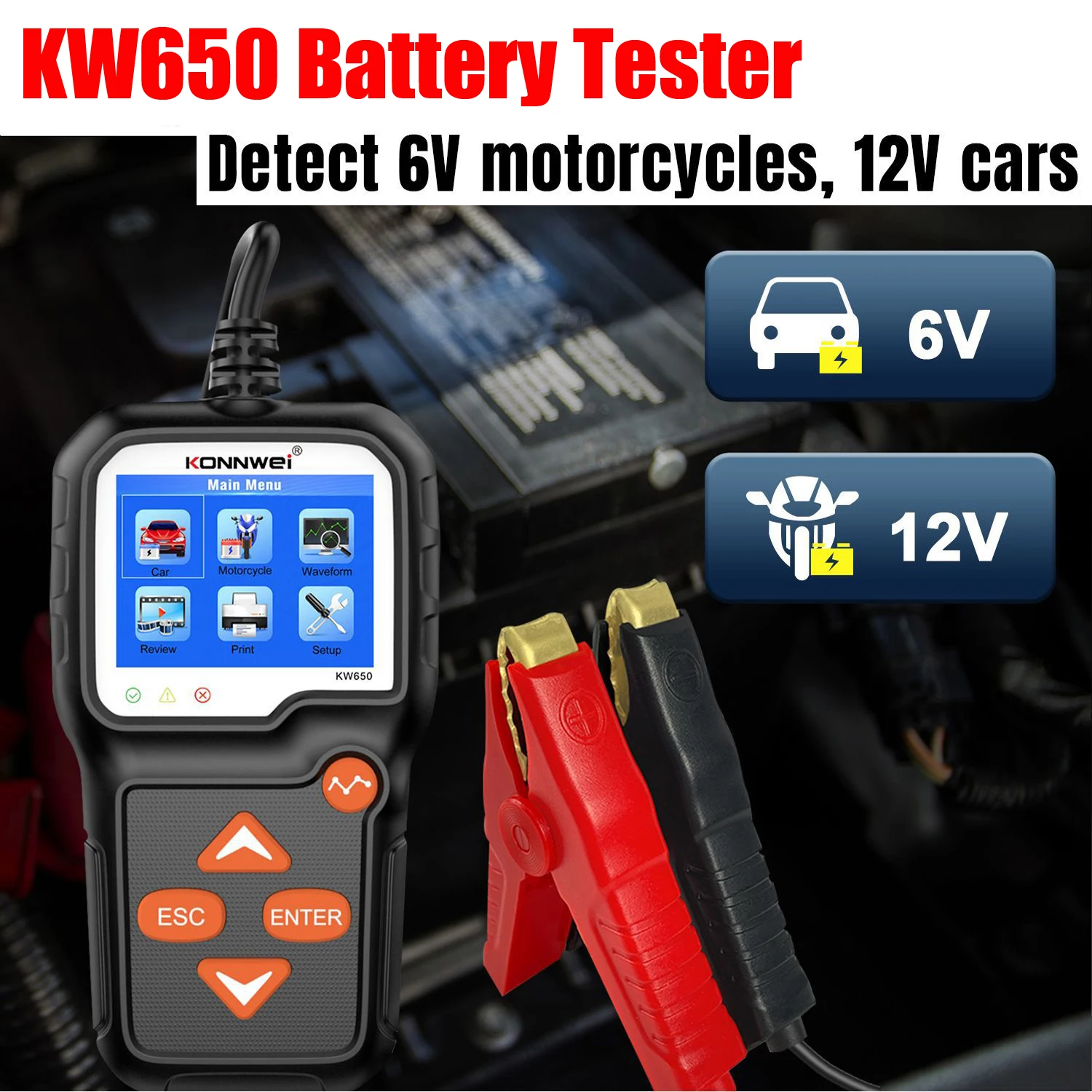 Car Motorcycle Battery Tester For 12V 6V Battery System Analyzer 2000CCA Charging Cranking Test Tools KONNWEI KW650