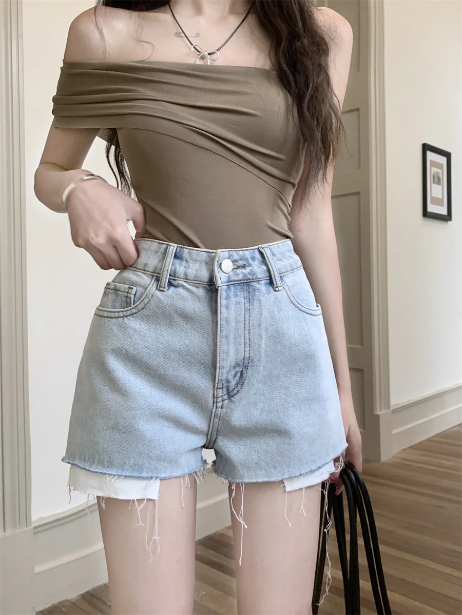 

Slergiri Vintage raw hem denim shorts women summer korean fashion light blue female casual high waist straight jean shorts