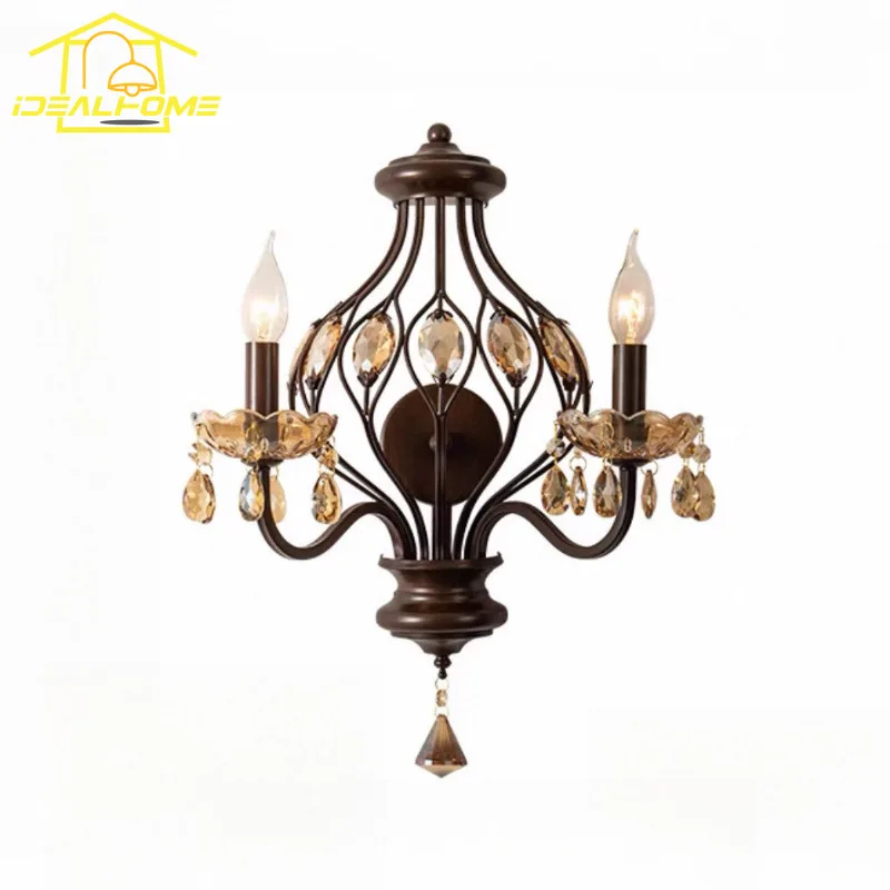 

American Retro Crystal Candle Wall Lamp LED E14 Iron Art Wall Mounted Living Room Corridor Hallway Study Bedroom Background Bar
