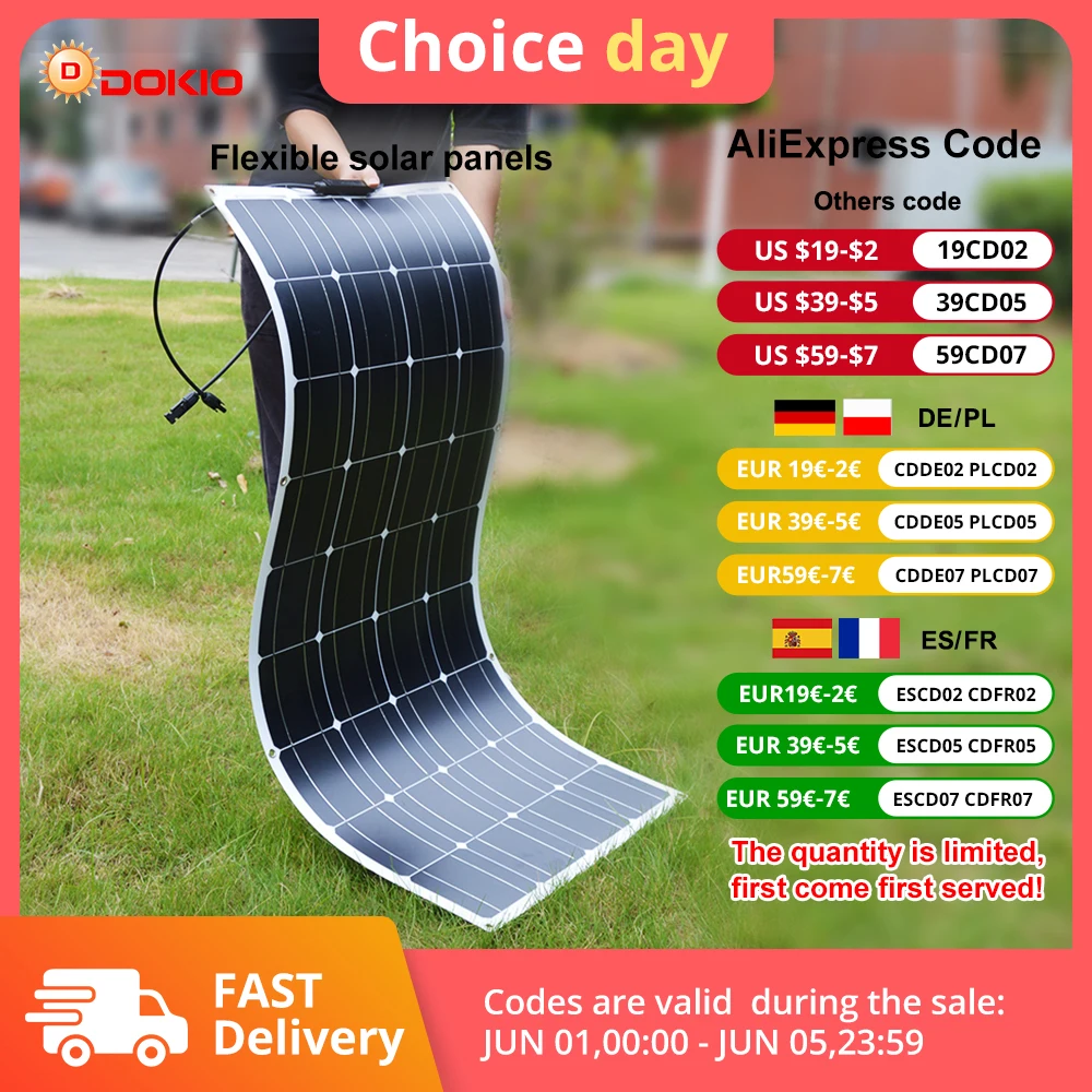 DOKIO 18V 100W/200W/400W Flexible Solarmodule Wasserdichtes monokristallines Solarpanel Camping RV