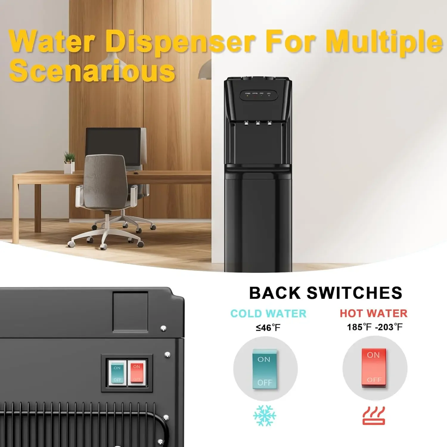 Loading Water Cooler Dispenser for 5 Gallon Bottles, 3 Temperatures with Hot, Room & Cold Spouts, Home, Office, Living Room, Chi