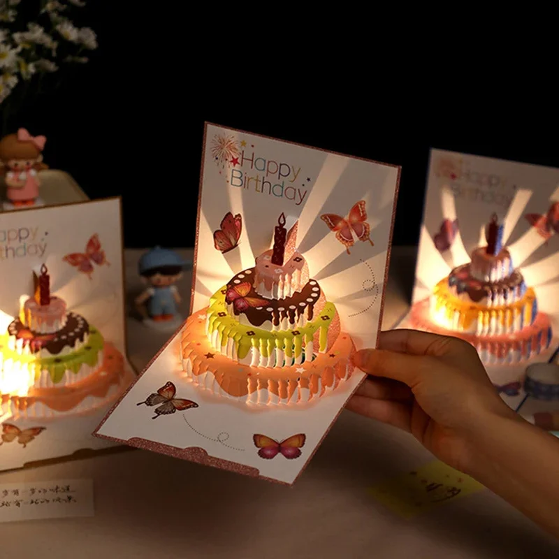 3D Cartoon Stereoscopic Cake Birthday Greeting Card, Foldable Outer Layer with Gilding Process, Birthday Greeting Cards