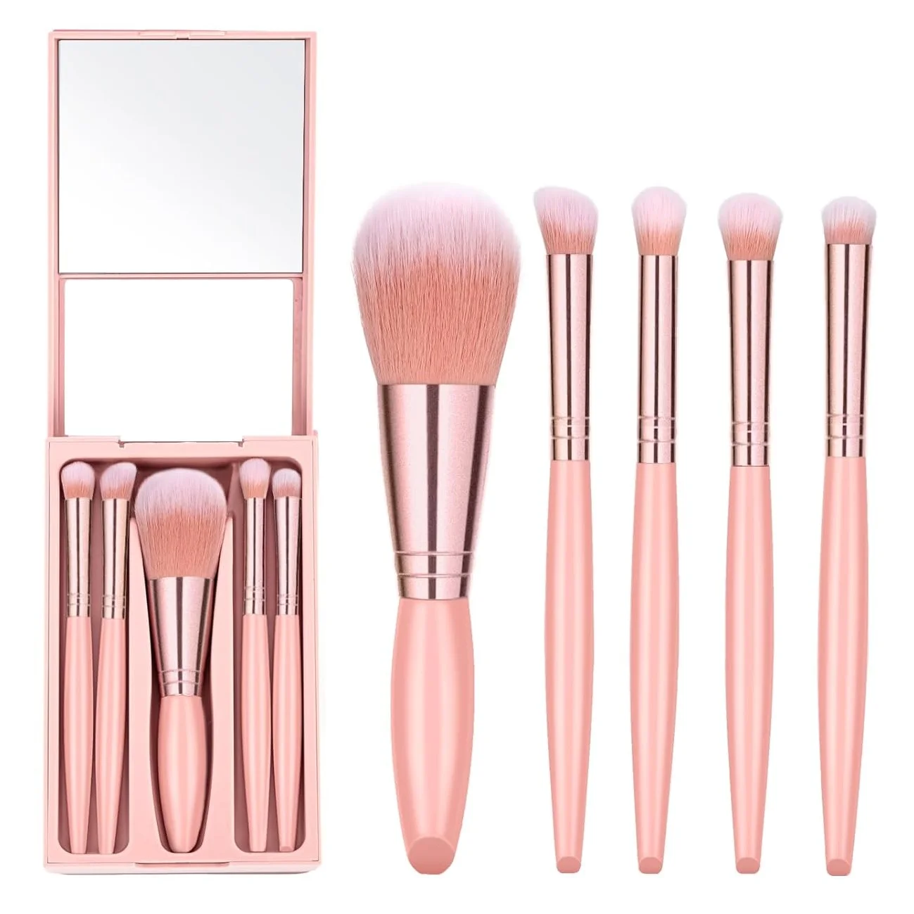 Set di pennelli per trucco da 5 pezzi con specchio, kit cosmetico portatile per fard in polvere morbida da viaggio