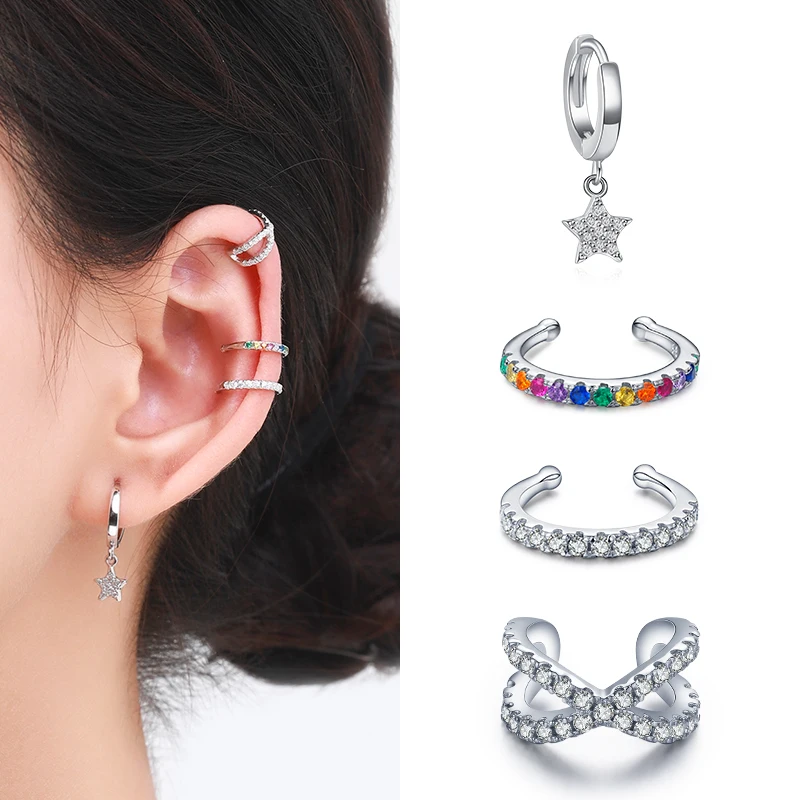 YANLOK Cool Girl Ear Cuff 925 Sterling Silver Geometric Rainbow Crystal C-Shape Single Clips Earring for Women Jewelry Bijoux