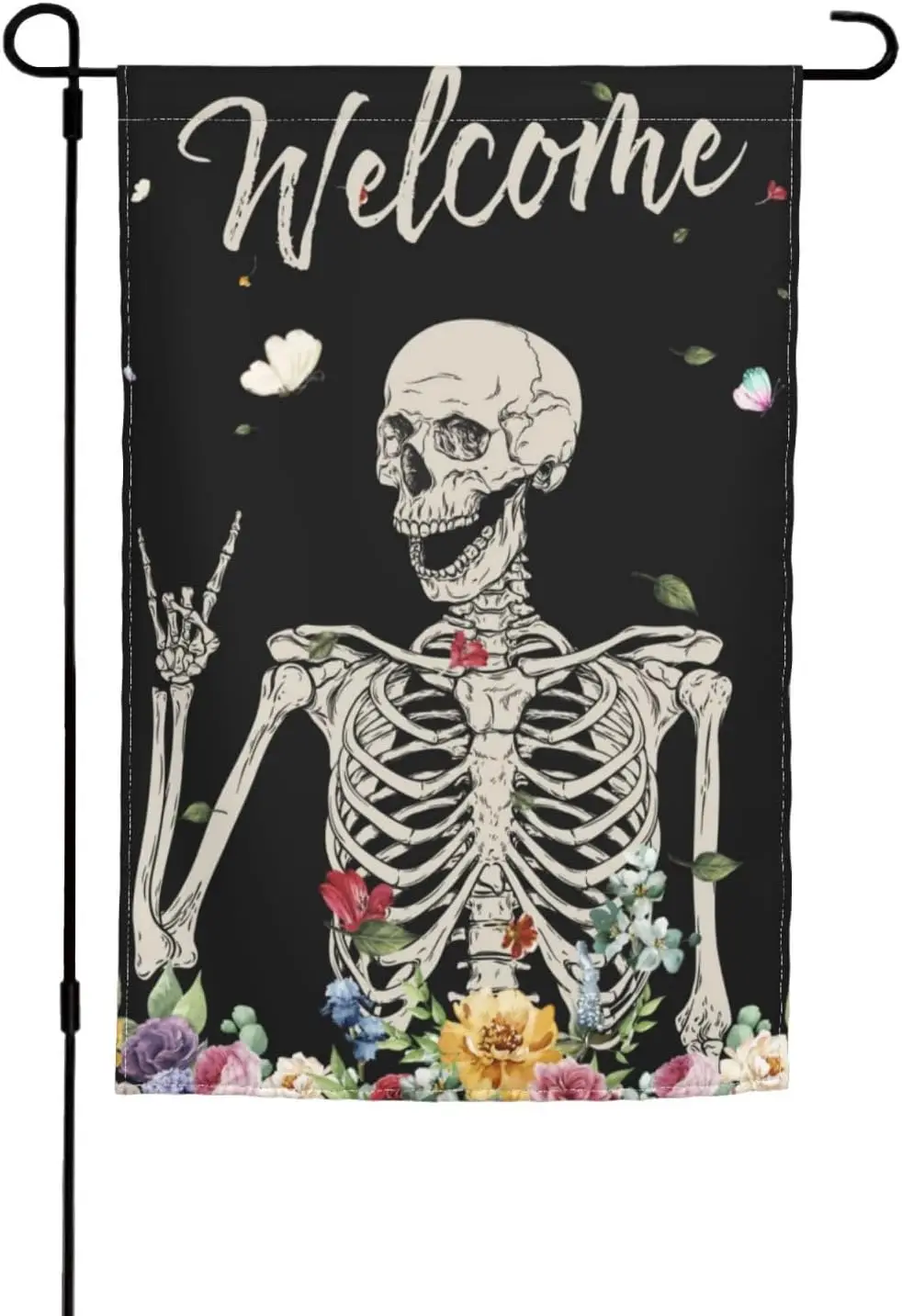 Skull Funny Skeleton Gothic Hippie Halloween Bohemian Terror Rock Roll Garden Flag Picks Home House Garden Yard Decor 12x18 Inch