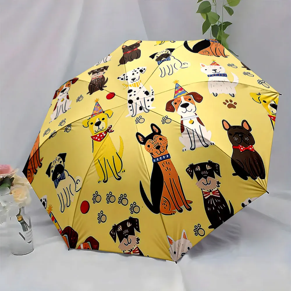 1PC Colorful Umbrella with Diverse Dog Illustrations Print 8 Iron Ribs Folding Umbrella Auto-Open Fashion Sunshade