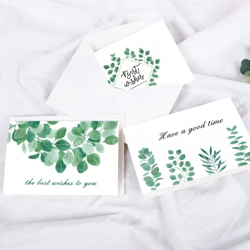 6 Sheets Green Leaf Thank You Greeting Cards Set Gift Decoration Message Card Simple and Fresh Thanksgiving Birthday Card