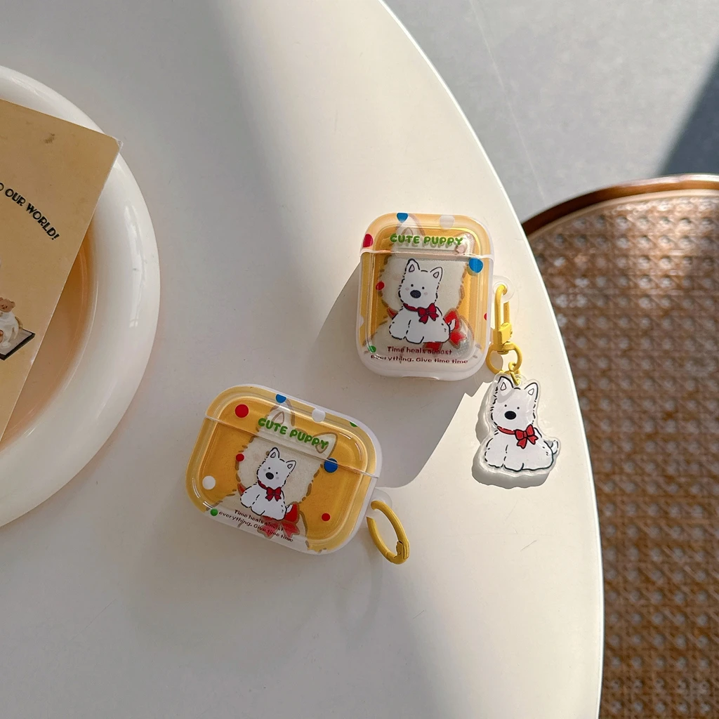 Cute White Puppy Dog Colorful Polka Dot With Pendant Earphones Protect Cover Case for AirPods 1 or 2 3 4 Pro Pro2 Pro3